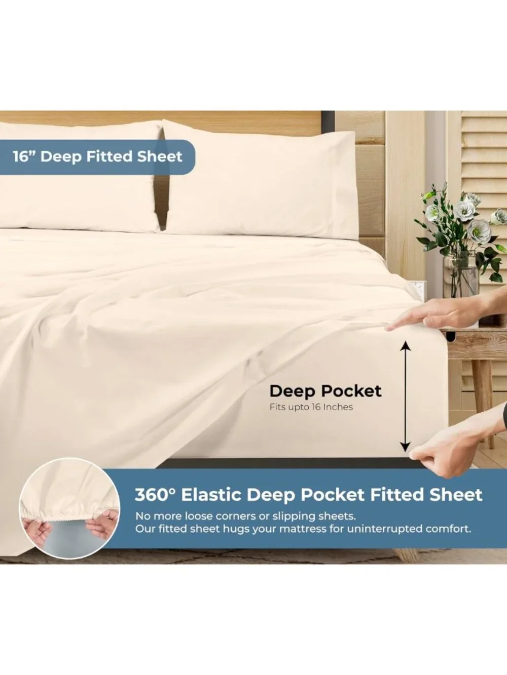 Organic Cotton King Sheet Set - 100% Percale Weave - 4 Pieces - Cream Bed Sheets